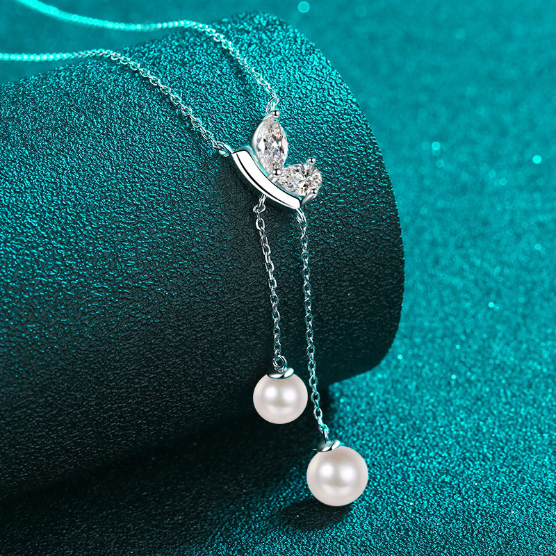 925 sterling silver necklace for women with moissanite and freshwater pearls PT950 gold plated elegant minimalist clavicle chain