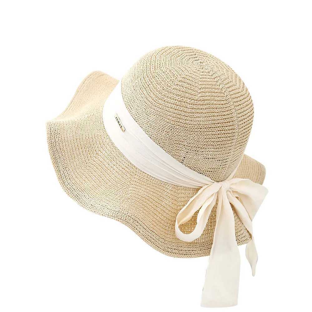 Womens Foldable Fisherman Sun Hat Breathable Sun Protection Wide Brim with Bow Ribbon Fashion Summer Beach Travel Korean Style Z250530