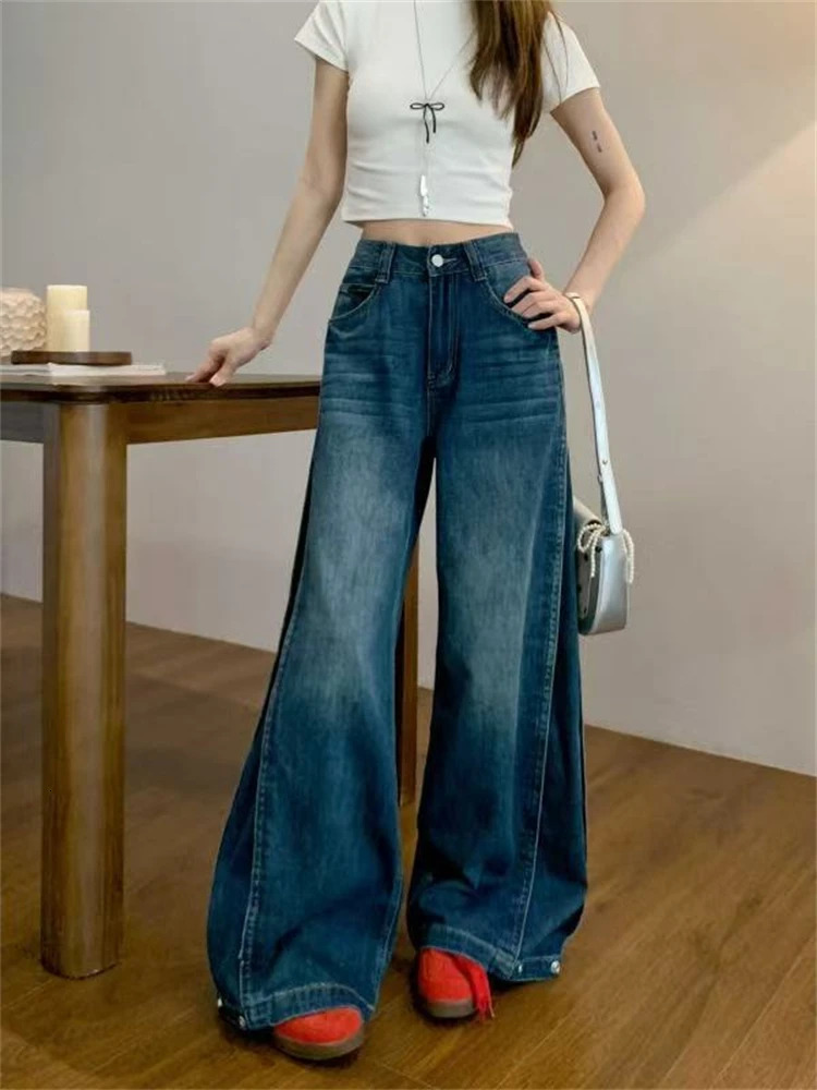 Womens Button n High Waisted Summer Blue Jeans Street Style Wide Legs Trousers Cool Girl Casual Bottoms Female Denim Pants 250530