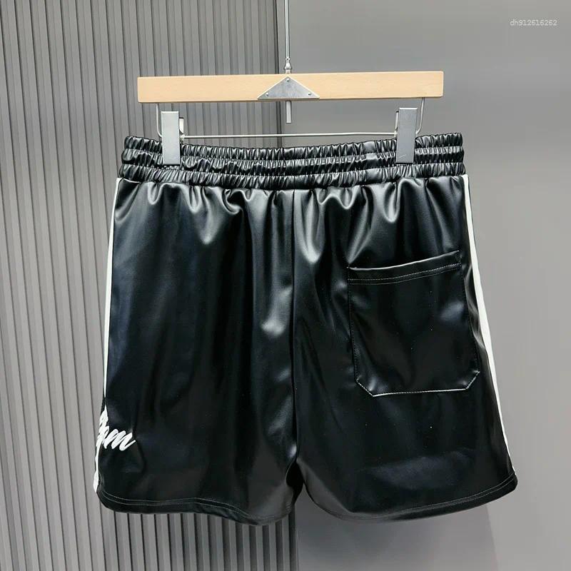 Men's Shorts Leather Black Side Bar Red White Stripe Short Pants Men Women Summer Trend Casual Drawstring Shortpant Breeches