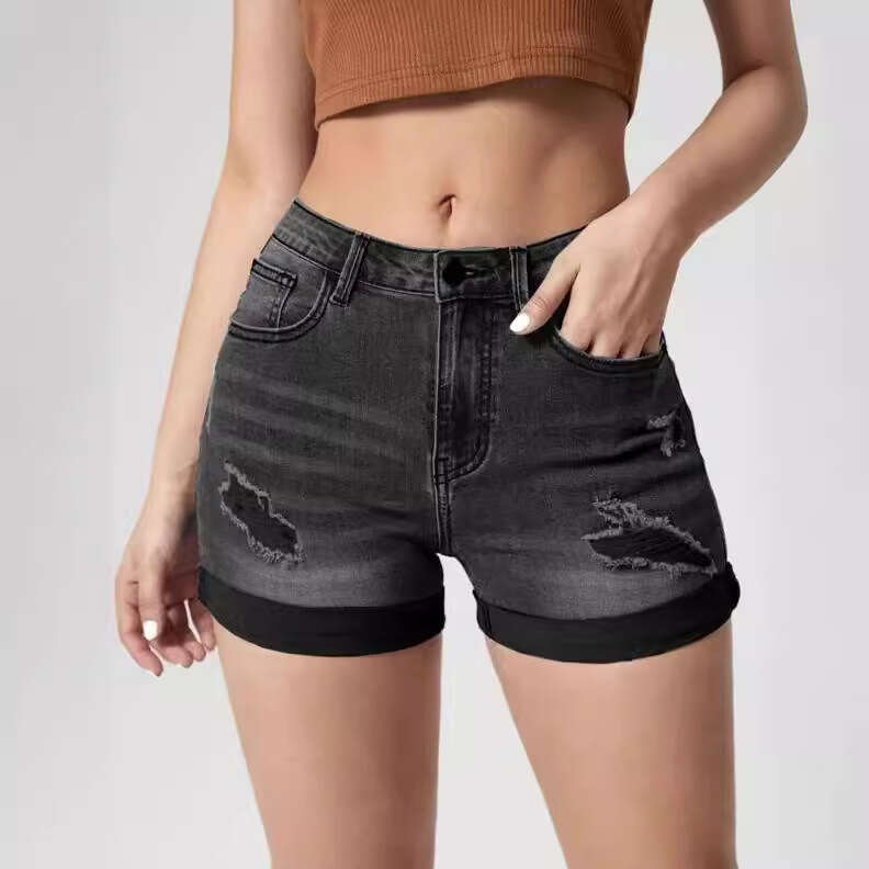 Shorts Women Denim Shorts Trendy Ripped Cuffed Elasticity High Waist Denim Shorts Women Hot Pants Jean Shorts