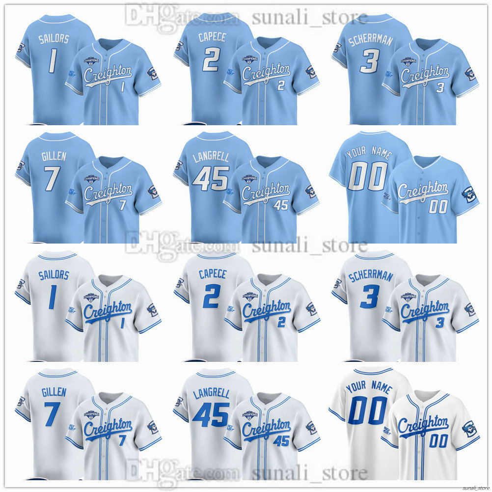 Men Creighton Bluejays Baseball Jerseys 2 Connor Capece 1 Nolan Sailors 3 Matt Scherrman 45 Garrett Langrell 55 Dominic Cancellieri 33 Wilson Magers 20 Tate Gillen