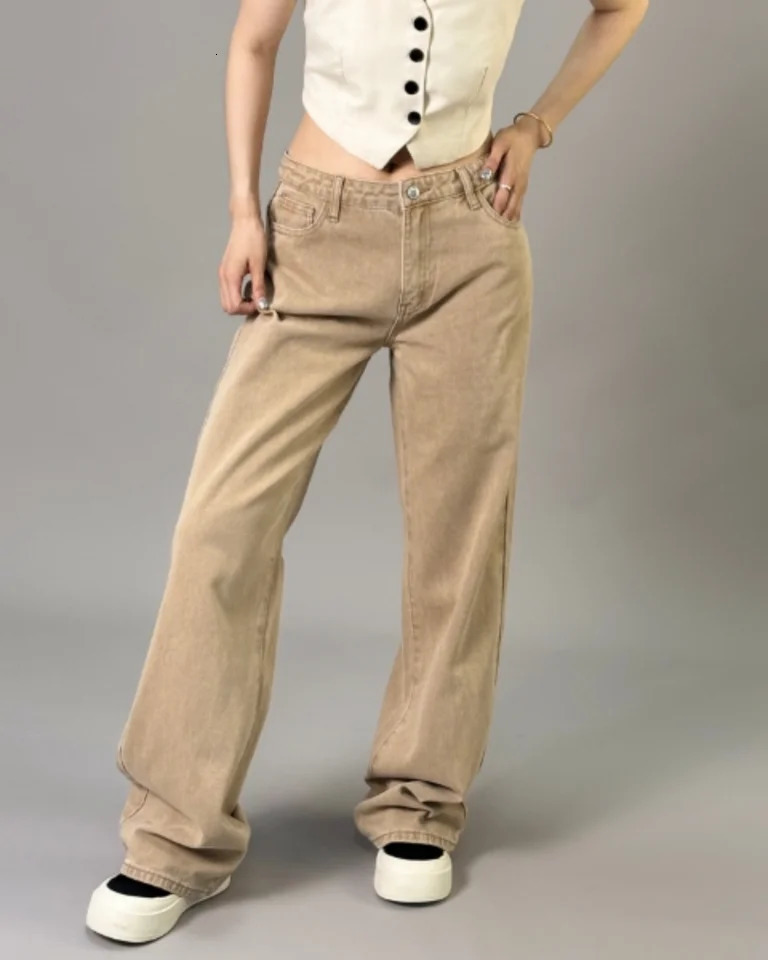 American style khaki brown wide leg denim pants for women in spring High waist Slimming and soft draping floor lengt 250530