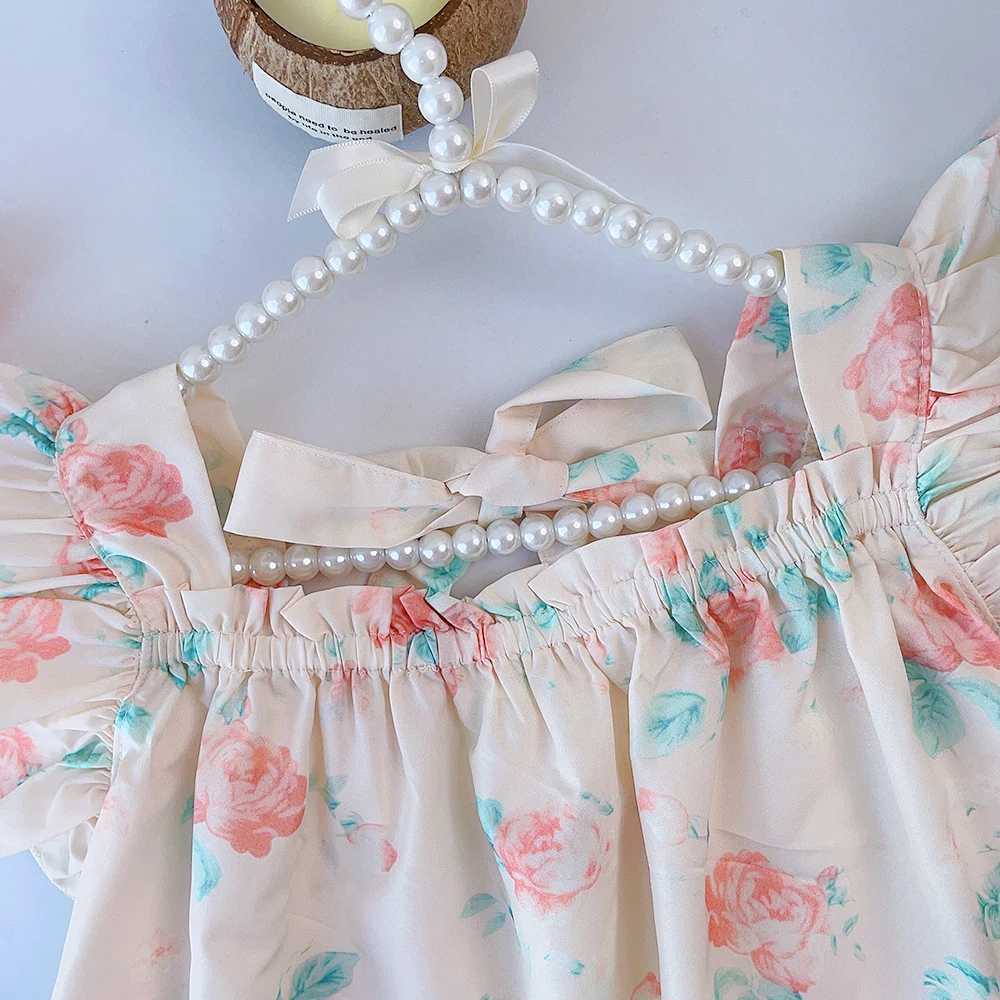 New Summer Girls Dress With Ruffles Flying Sleeves Flower Print Dress Girls Kids Cute Fresh Print Princess Dress R250530
