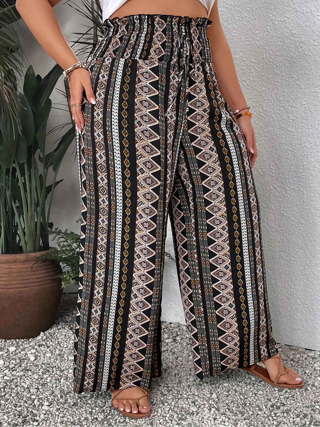 Plus Size 1XL5XL Women Fashion Bohemian Ethnic Print Pants with Elastic Waist Loose Long Trousers Ladies Comfort Wide Leg 250530