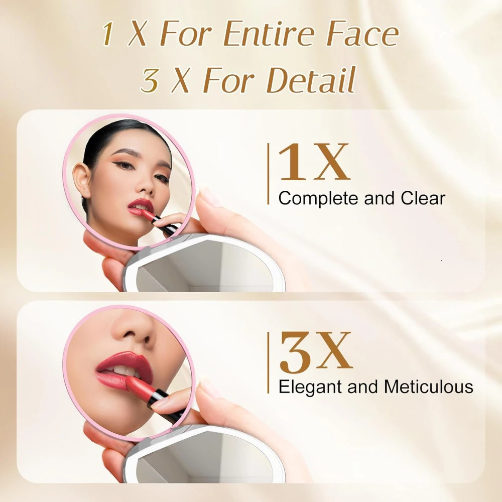 Compact Mirror with Light1X3X Magnification LED Pocket Mirror with USB Data Cable Pink Mini Mirror for Purse PocketTravel 250530