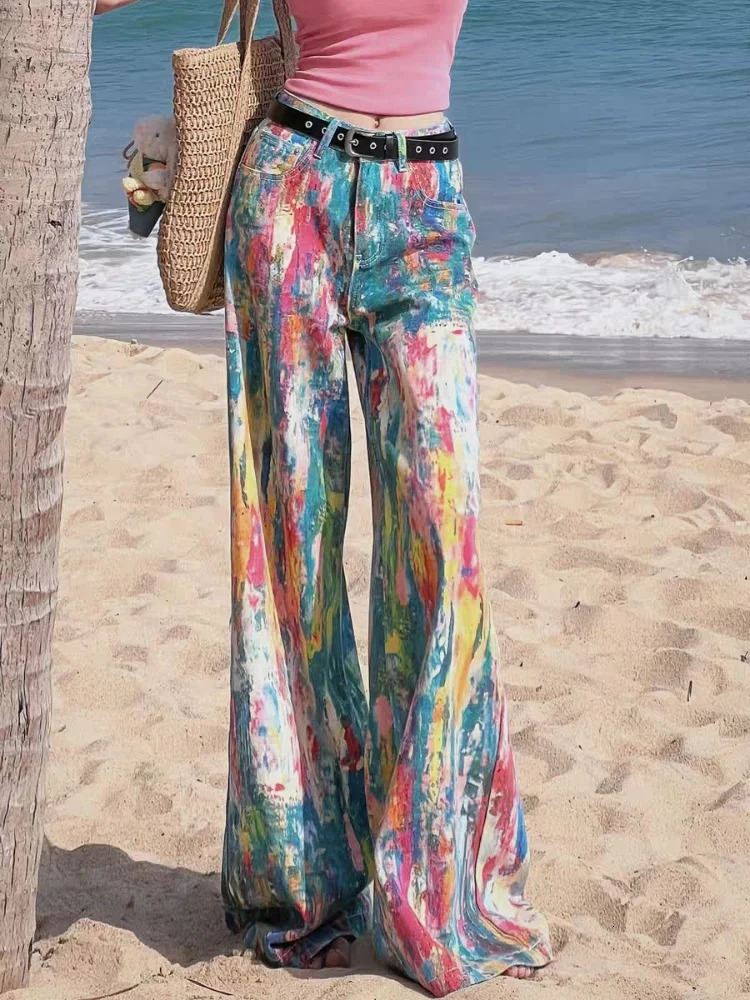Cyber Y2K Fashion Colorful Graffiti Paint Baggy Jeans Pants For Women Clothing Gothic Wide Leg Lady Trousers Ropa Mujer 250530