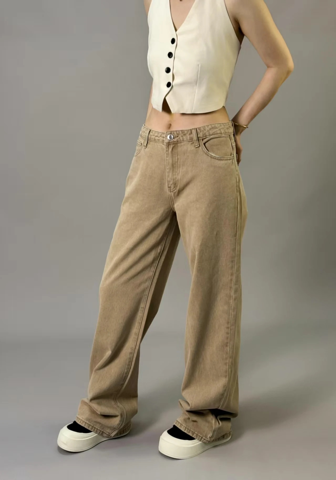American style khaki brown wide leg denim pants for women in spring High waist Slimming and soft draping floor lengt 250530