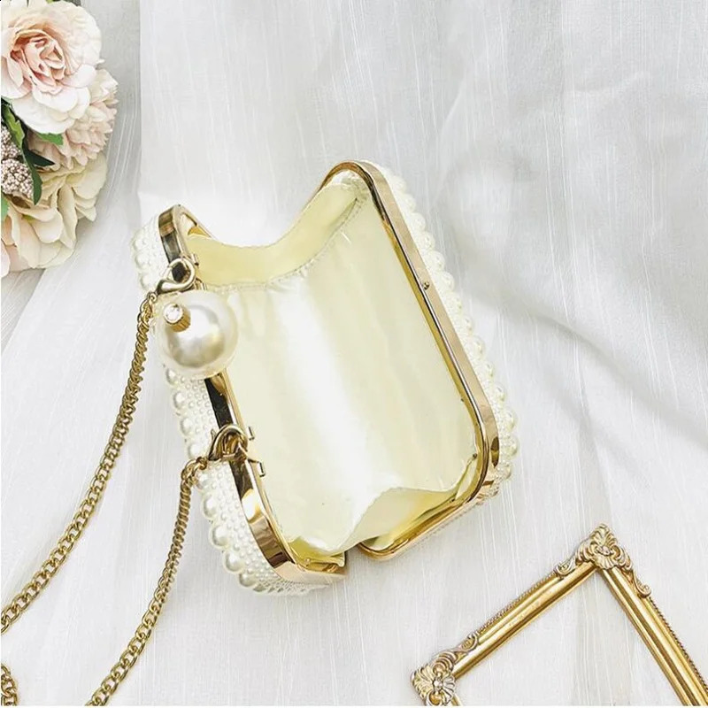 White Pearl Chain Shell Bag Genuine leather Handmade Women Square Clutch Evening Bag Size 15.5*11*5.5 250526