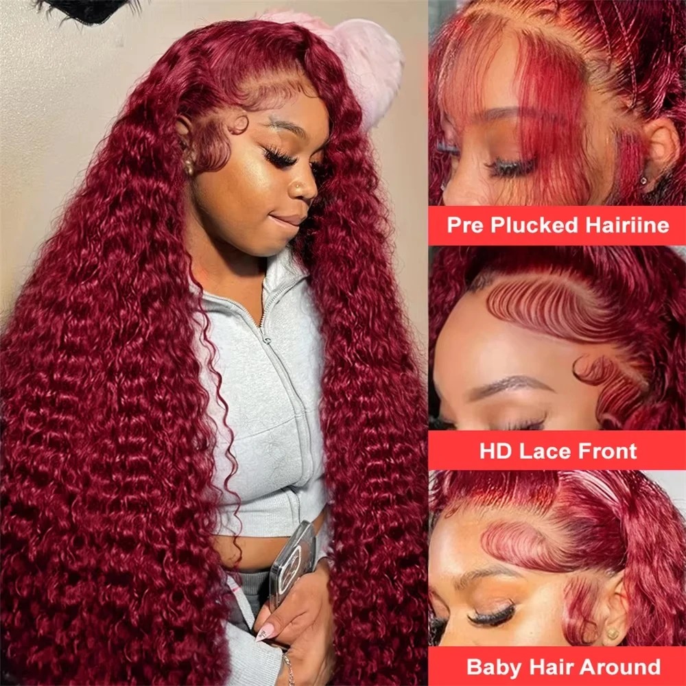 30 40 Inch Burgundy 13x6 Hd Lace Frontal Human Hair Wig Red Colored 13x4 Transparent Lace Curly Deep Wave Frontal Wig Synthetic