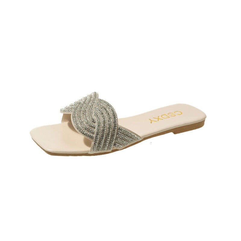 Fashionable Rhinestone Women's Shoes For Summer 2025, New Plus Size Sandals For Outdoor Wear, One Line Women's Slippers, Designer Sandals