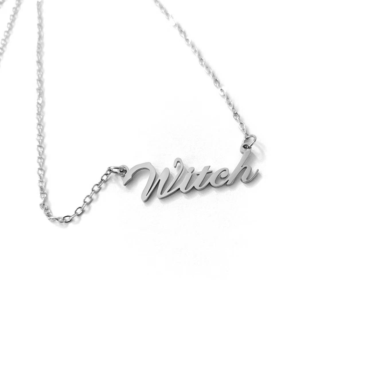 10PCS Cursive Initial Letter Witch Word Necklace Stainless Steel Halloween Magic Wicca Alphabet Text Women English Pendant Chain Choker Collar for Wom