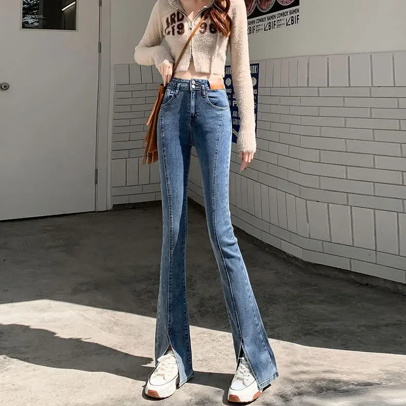 High Waist Straight Leg Slit Elastic Micro Flared Denim Jeans Women Early Spring Floor Length Ankle Boots Pants Female 250530