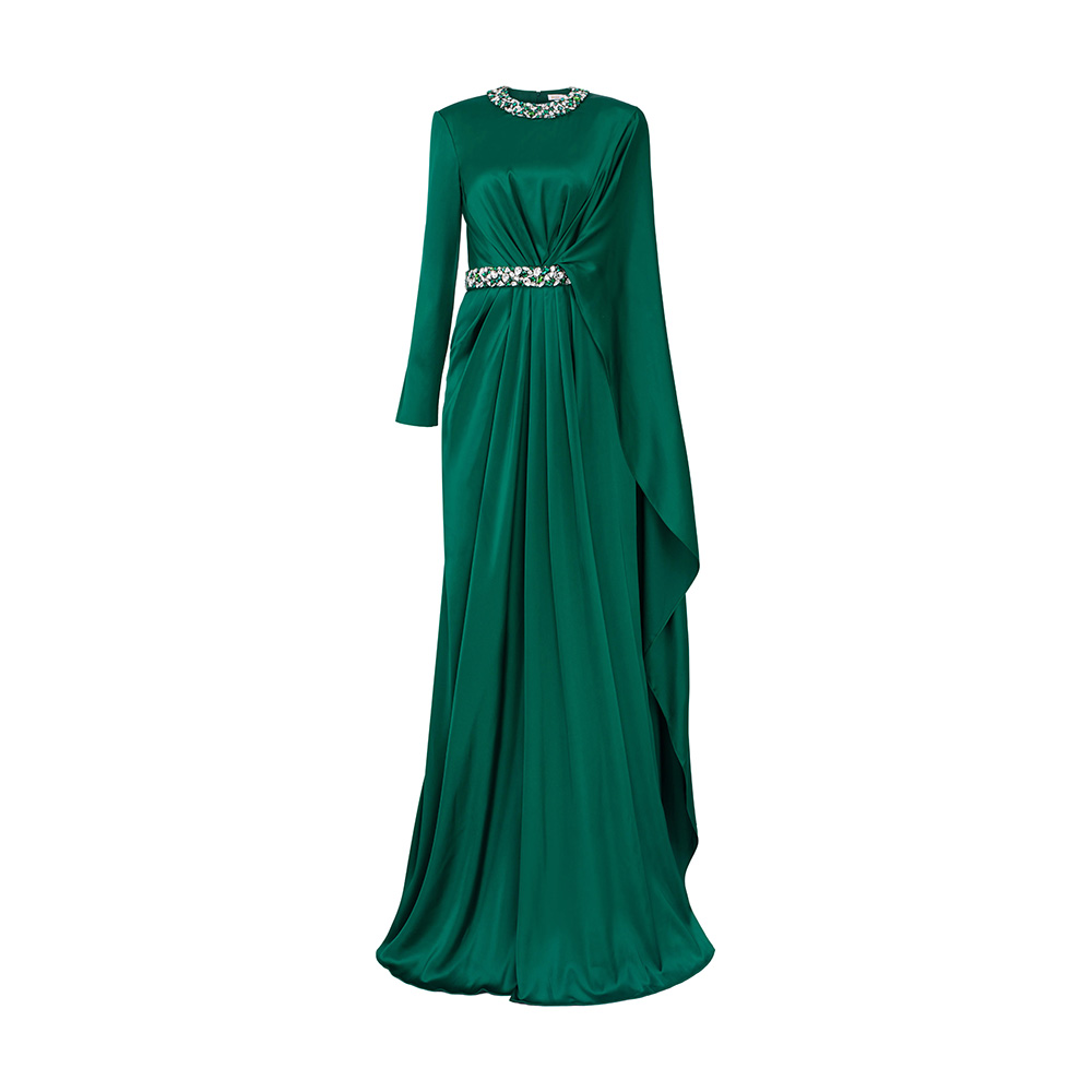 Classic Green Beaded Collar Evening Dresses Long Sleeves Jewel Prom Dresses Sashes Crystal Party Gowns