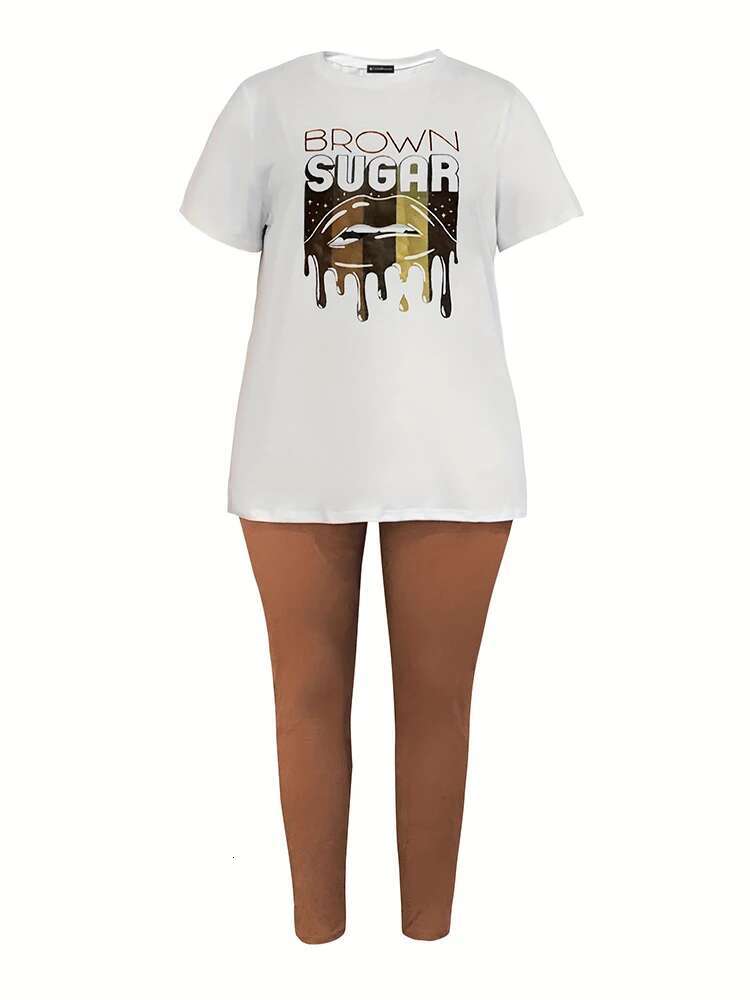 Plus Size Lip Letter Print Pants Set Woman 2025 Summer Casual Crew Neck T-shirts Tops+casual Pant Sets Women 2 Piece Outfits