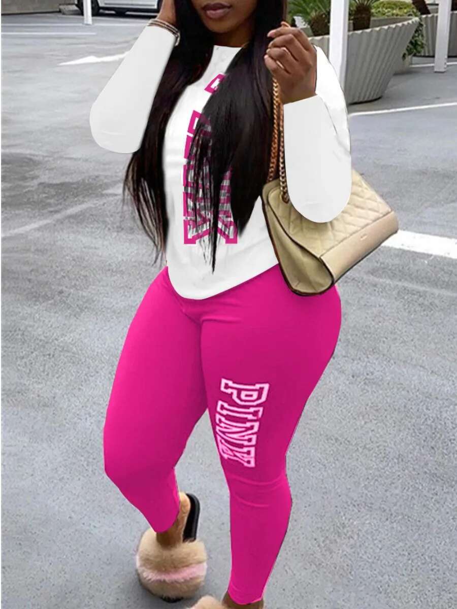Fashion Women Autumn Winter Pink Letter Print Long Sleeve Hoodies 2 Pieces Casual Track Suits Pants Set