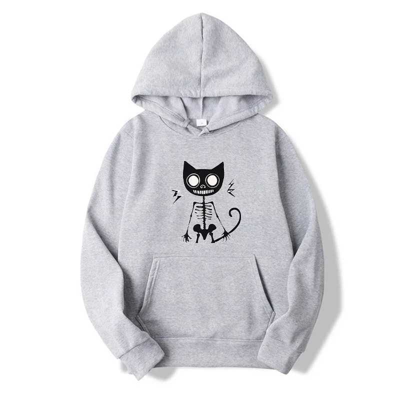 Spring and Autumn Mens Cat Skeleton Printed Hoodies Loose Sweatshirts Male Sportswear Fashion Pullovers Top W250530