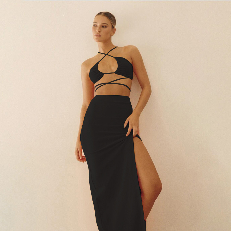 Halter Crop Top And Skirt Set Sexy Women Outfits Summer Dress Sets Cami Top Two Piece Set Skirt Elegant Party Club Outfits 210714