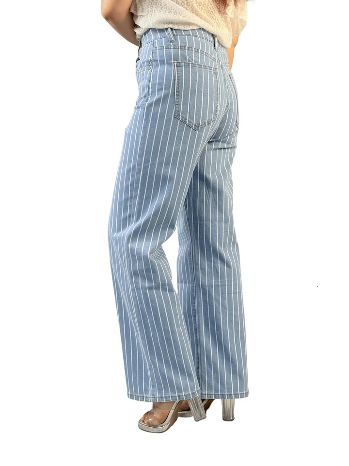 Fashionable Casual Womens Jeans With Blue And White Stripes n Cinched Waist Wide Legs Breathable Comfortable 250530