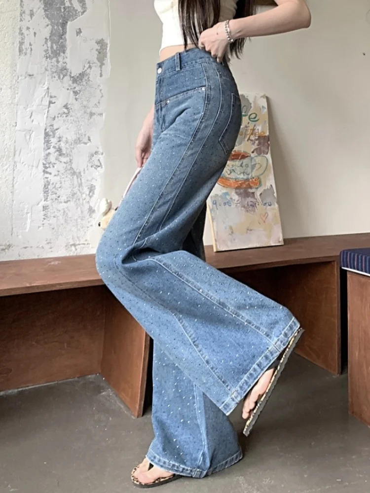 Y2K Fashion Fix Rhinestone Blue Baggy Jeans Pants For Women Clothing Wide Leg Lady Denim Trousers for Women 250530
