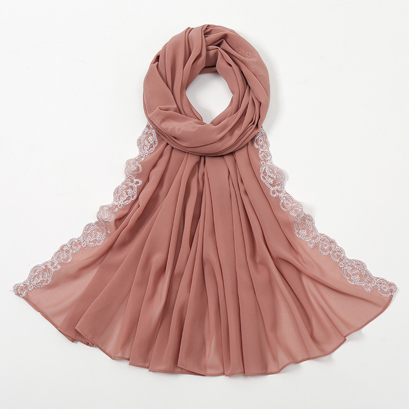 K878 New style pure color pearl chiffon fashion lace edge headscarf for women Foreign trade hot sale ethnic style simple versatile scarf