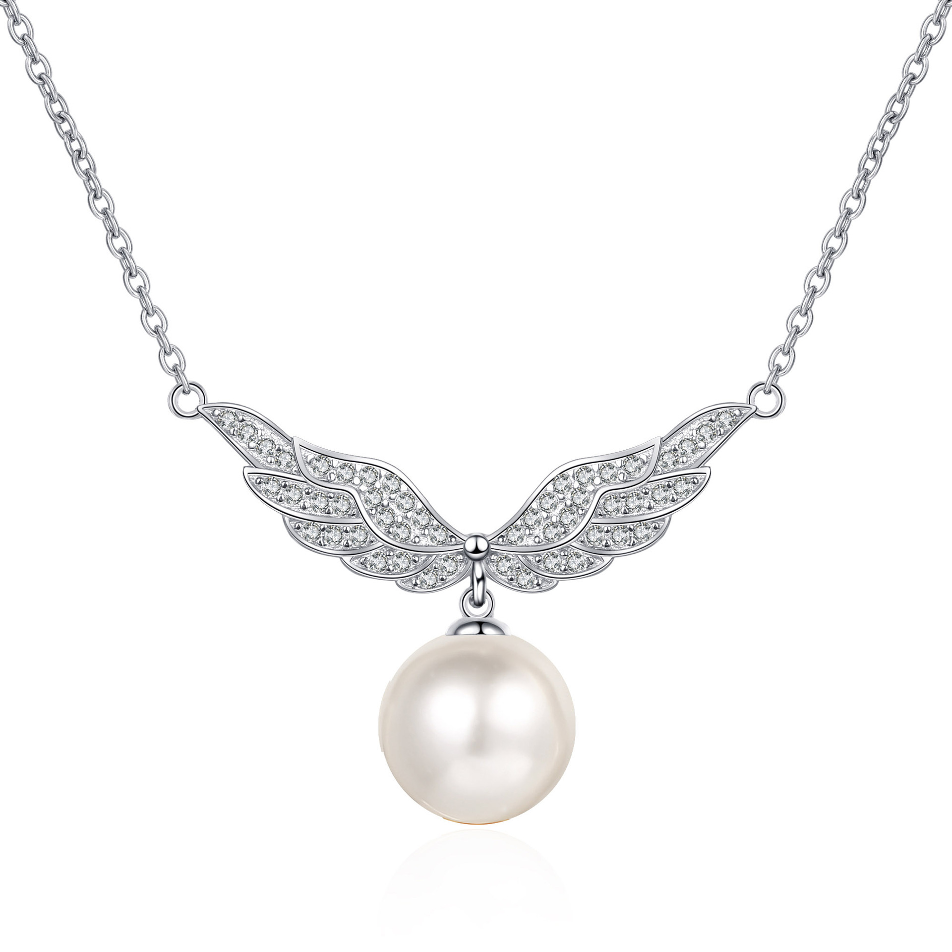 925 Sterling Silver Plated Pt950 Gold Collarbone Necklace Women 10mm Flawless Pearl Angel Wing Moissanite Elegant Luxury
