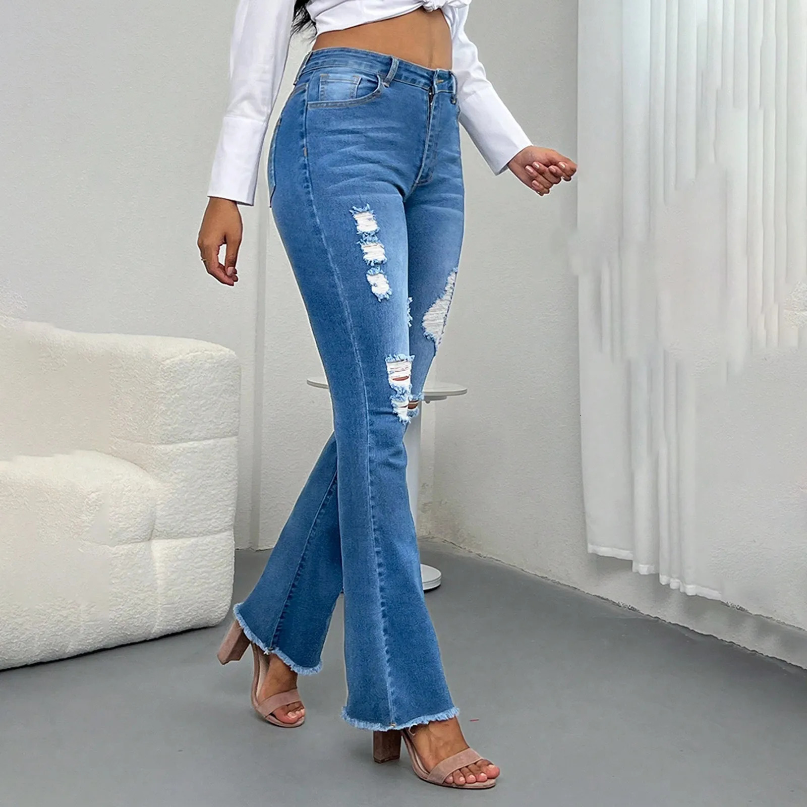 Spring Womens Ripped Jeans Cotton Slim High Waist Solid Color Sexy Denim Pants Fashion Street Flared Pants 250530