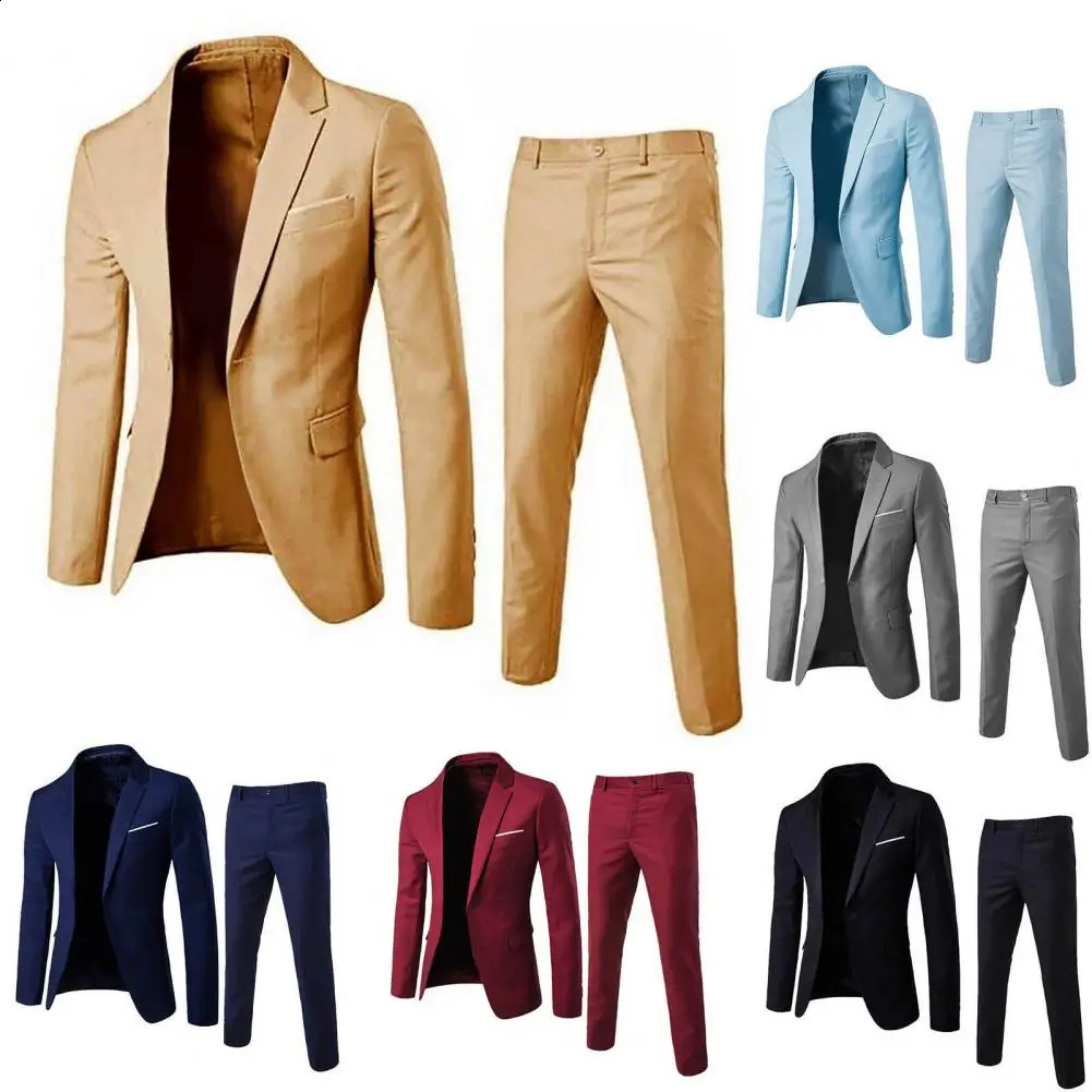 1 Set Trendy Men Suit Anti Deformation Formal Suit Turndown Collar Pure Color One Button Suit Set Daily Wear 250529Z