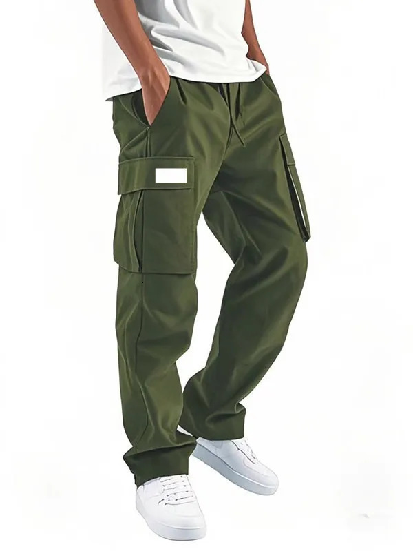 European style mens solid color drawstring waist straight leg casual belt with multiple pockets lightweight loose pants 250527