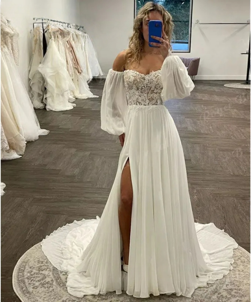 Side Split Boho A Line Wedding Dress Off the Shoulder Lace Chiffon Long Puff Sleeve Appliques Beach Bridal Gown