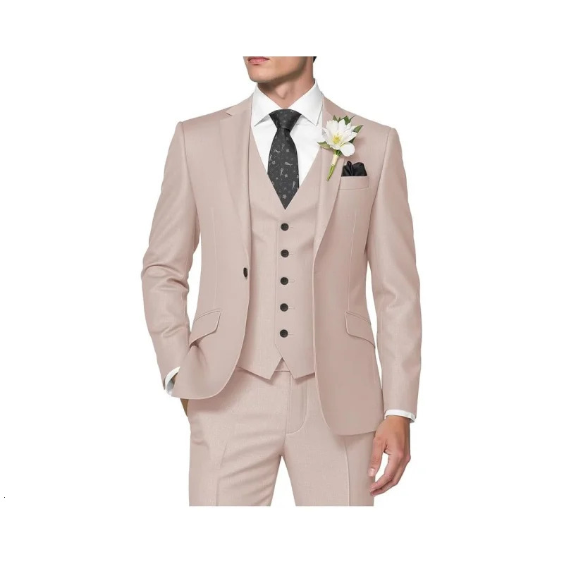 Mens 3-Piece Suit Slim Fit Business Wedding Groomsmen Prom Suits One Button Blazer Jacket Vest Trousers Tuxedo Set 250527