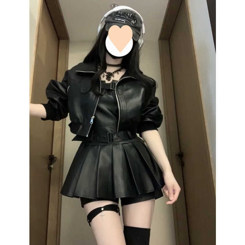 Y2K Women Streetwear Heart Shape Leather Outfit Two Piece Harajuku Gothic Jacket Cropped Denim Patchwork Pleated Mini Skirt SuitT250321