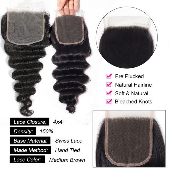 Transparent 4*4 Lace Loose Deep Wave Human Hair Closure Stock