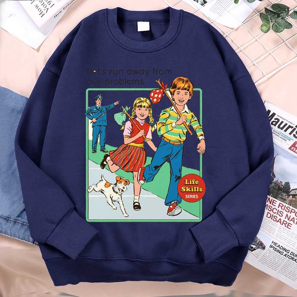 LetS Run Away From Our Problems Comics Print Hoodie Men Women Clothes Fashion Comfortable Soft Hoody Japan Harajuku Sweatshirts W250530