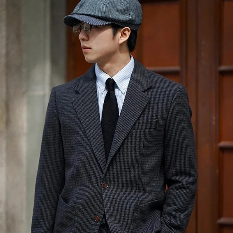 Retro British Houndstooth Plaid Slim Wool Suit Spring and Autum Thickeneded Tweed Casual Suit Jacket for Men 250527