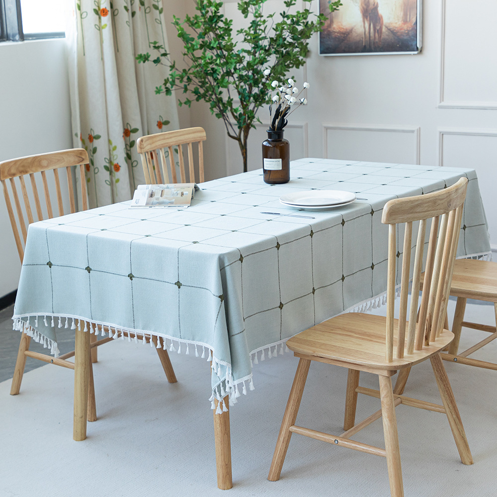 T0490 modern simple cotton and linen solid color checkered dustproof tablecloth rectangular tassel coffee table dining table hotel tablecloth table ma