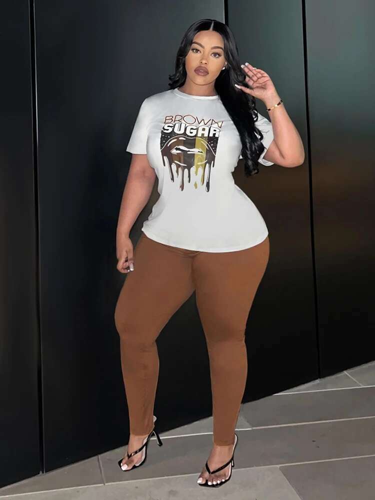 Plus Size Lip Letter Print Pants Set Woman 2025 Summer Casual Crew Neck T-shirts Tops+casual Pant Sets Women 2 Piece Outfits