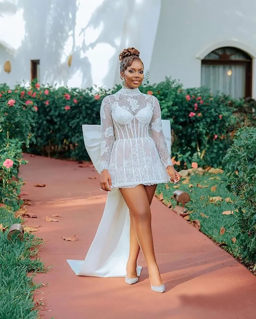 2025 Short African Wedding Dress Bridal Gowns For Bride Illusion Long Sleeves High Neck Beaded Lace Pearls Plated Wedding Gowns For Black Women Marria