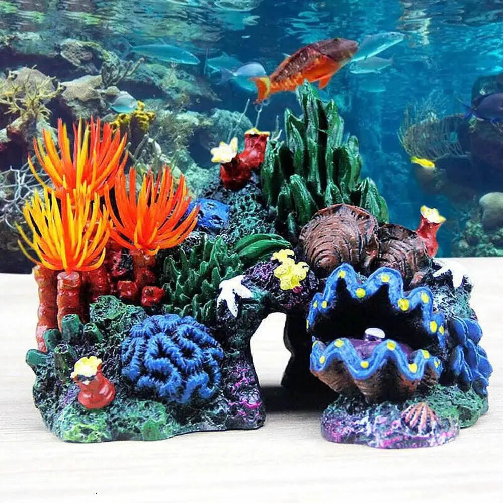Fish Tank Ornament Simulated Coral Reef Island Resin Plant Mountain Aquarium Decoration Home Landscaping Background Decor 250528