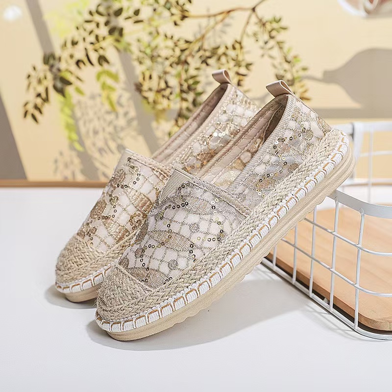 Flax Oriental retro breathable Loafers Faux pearls detail espadrille flats Simple mesh canvas women shoes 7c52 1ab6