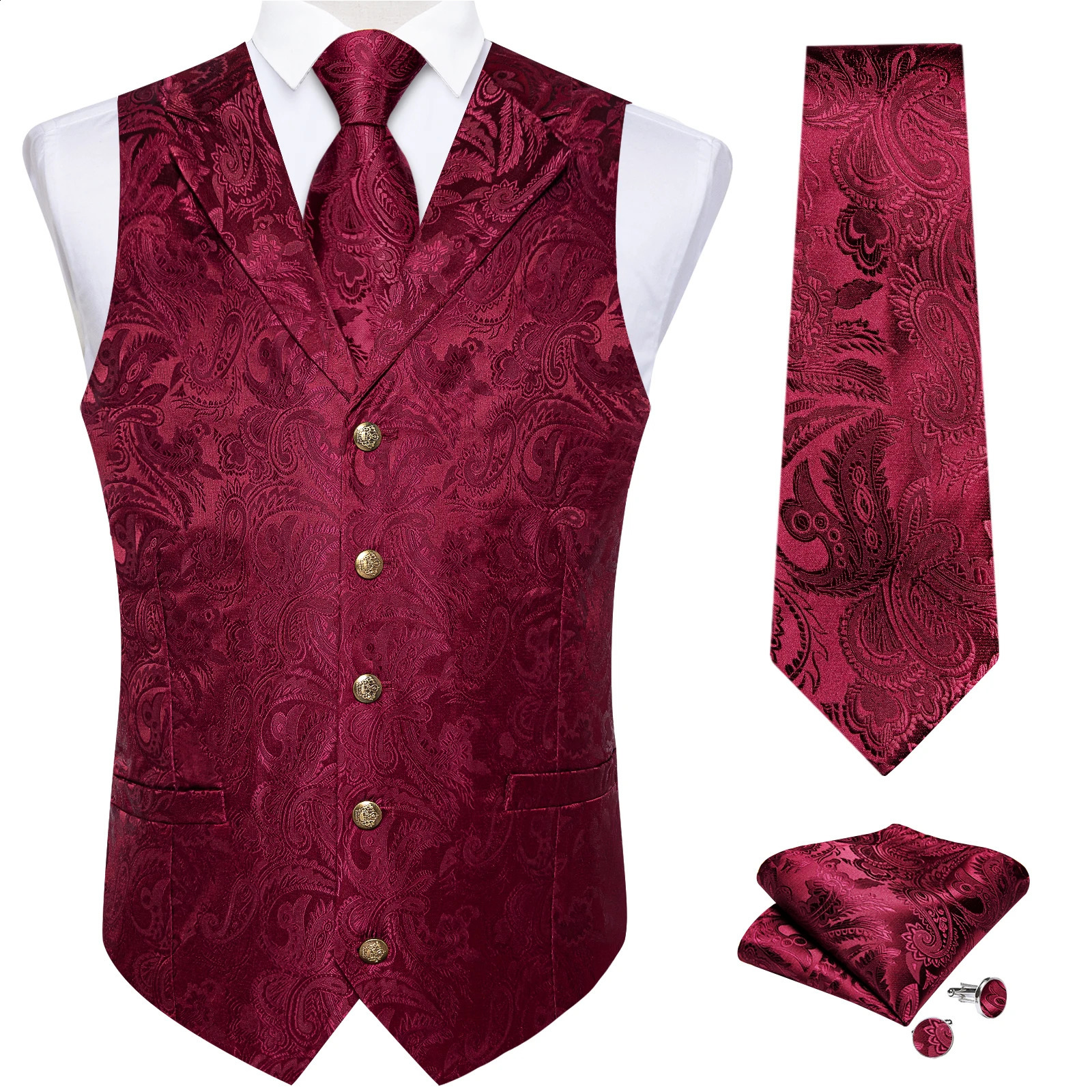 Luxury Red Paisley Silk Suit Vest for Men with 8cm Neck Tie Handkerchief Cufflinks Wedding Prom Blue Gray Tuxedo Waistcoat 250529