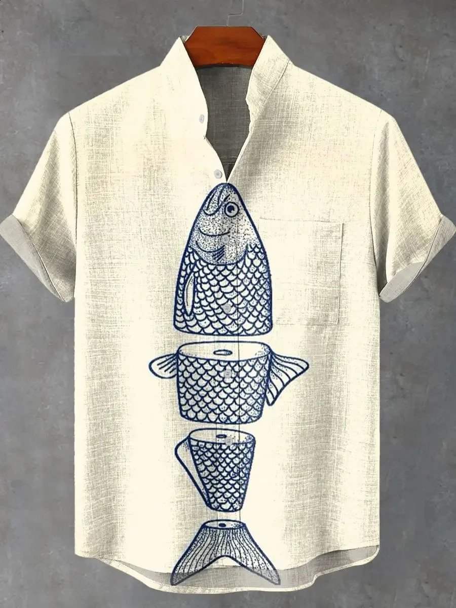 print retro style mens fish print casual linen comfortable fabric button-down short sleeve shirt 250529 - view 5