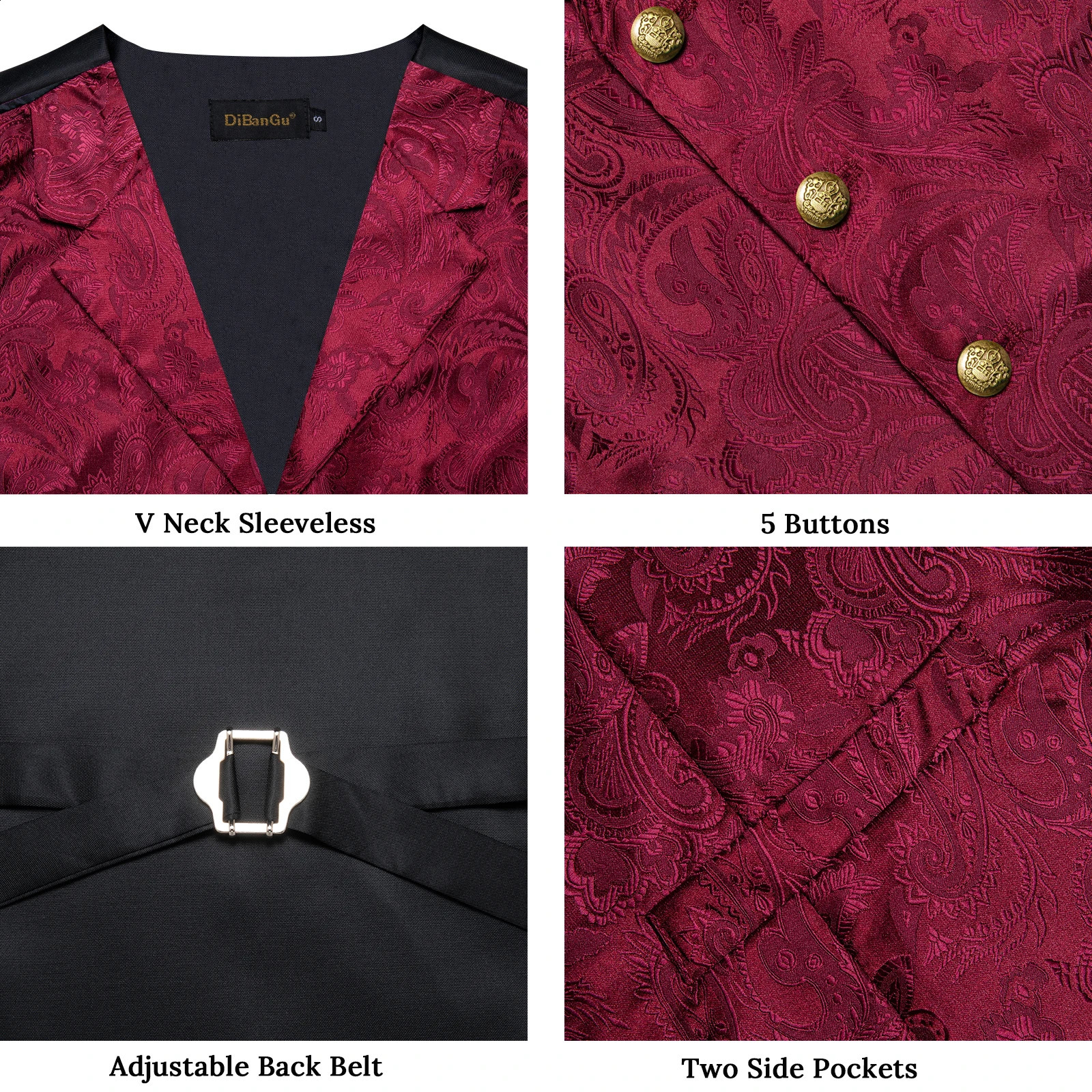 Luxury Red Paisley Silk Suit Vest for Men with 8cm Neck Tie Handkerchief Cufflinks Wedding Prom Blue Gray Tuxedo Waistcoat 250529
