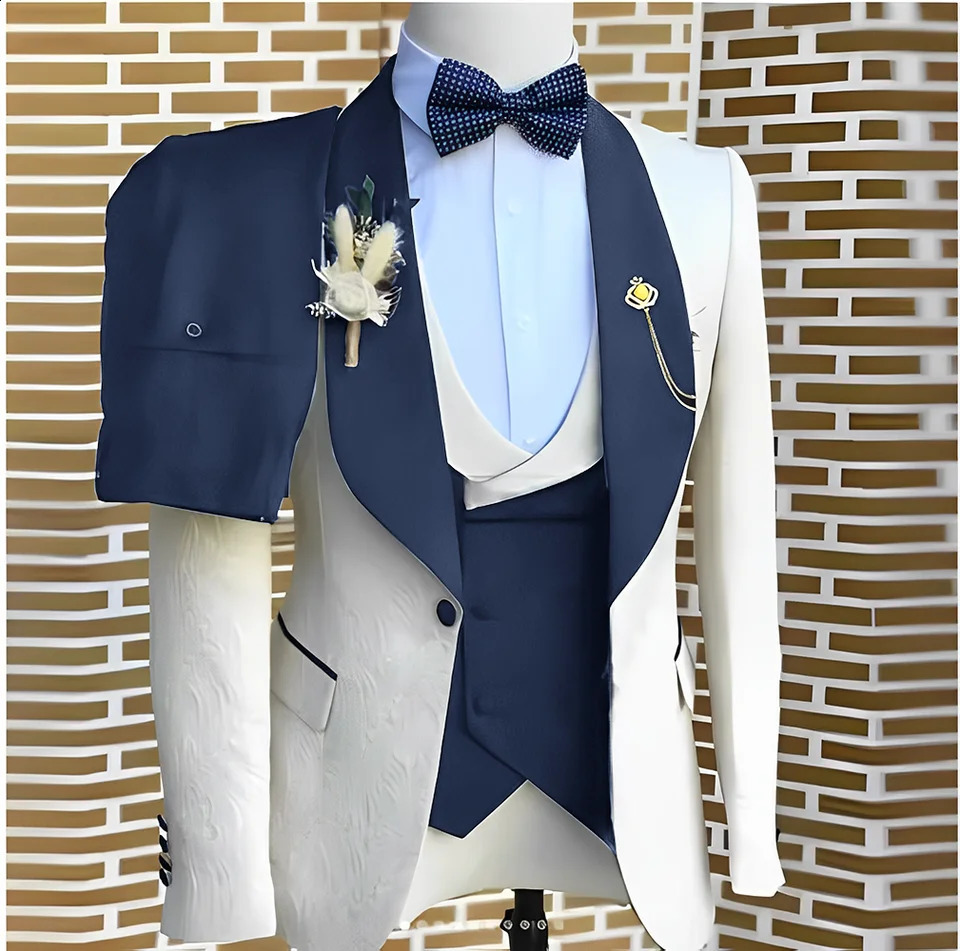 Elegant WhiteJacquard Suits Men For Wedding Formal Jacket Vest Pants 3 Pieces Groomsman Tuxedos Tailored Male Fashion Clothing 250529