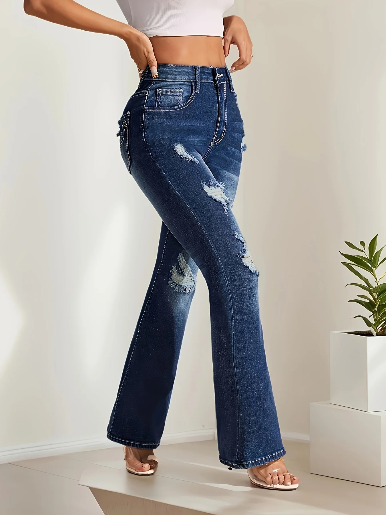Womens jeans ed with holes old elastic blue retro style versatile denim pants clothing for all seasons 250530