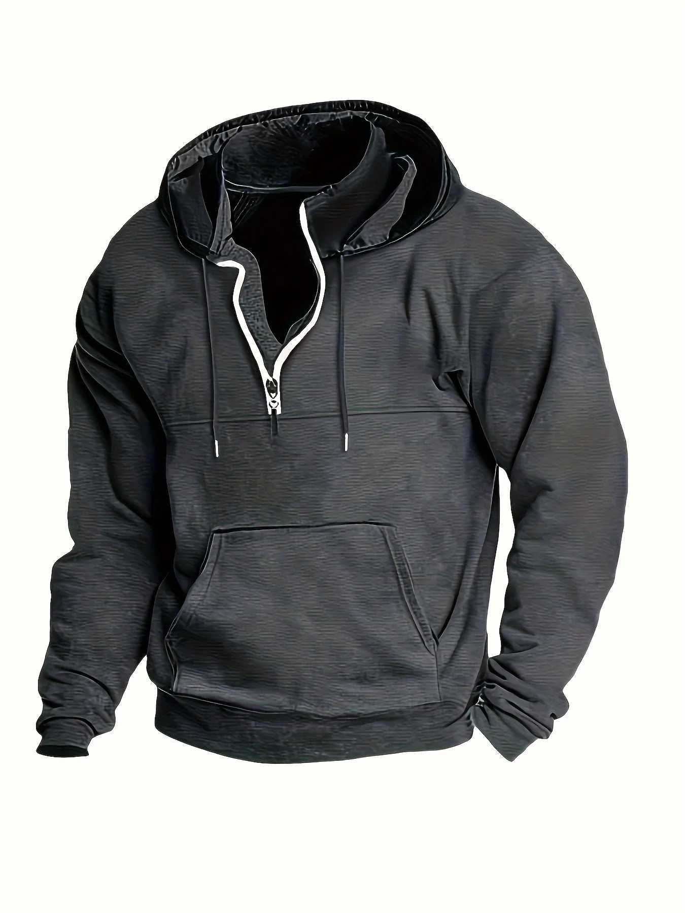 Mens Fashionable Casual Hoodie Autumn and Winter Solid Color Half Zipper Collar Long Sleeve Top W250530