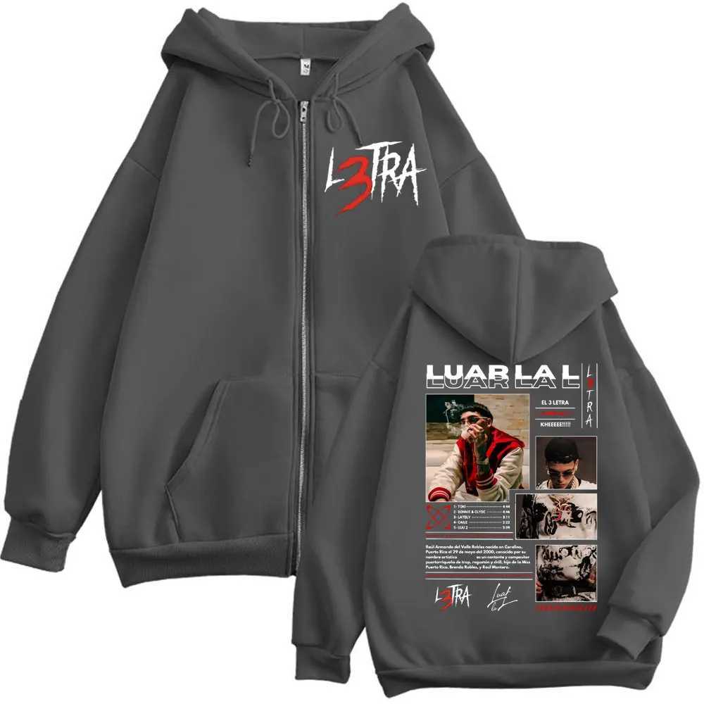 Rapper Luar La L L3TRA Album Print Zipper Hoodie Mens Womens Fashion Hip Hop Zip Up Sweatshirts High Quality Fleece Pullovers W250530