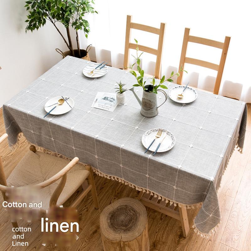 T0488 modern simple cotton and linen solid color checkered dustproof tablecloth rectangular tassel coffee table dining table hotel tablecloth table ma
