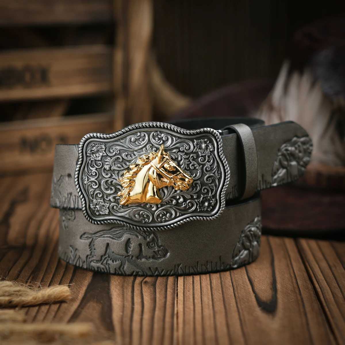 Western Cowboy Leather Buckle Belts Horse Pattern Floral Engraved Buckle Belt for Men Z250530