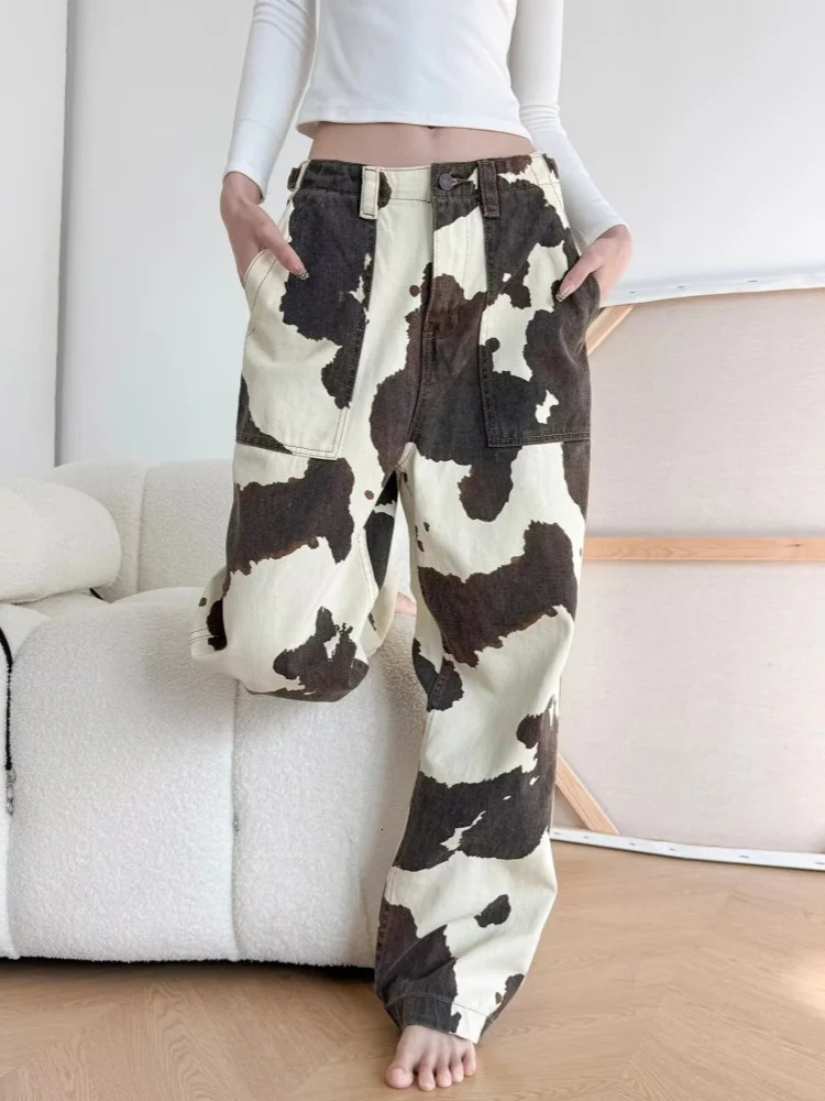 Ropa Y2K Fashion Cow Pattern Baggy Jeans Pants For Women ner Clothes Straight Cotton Korean Casual Lady Trousers 250530